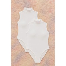 Rozelt Kadın Pamuklu Kolsuz Boğazlı Beyaz 2'li Çıtçıtlı Body