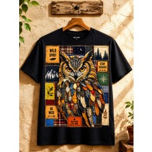 Carismatisort Baykuş Patchwork Desenli Siyah Tişört Bay Bayan Kadın Erkek Unisex