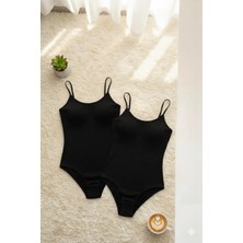 Rozelt Kadın Pamuklu Ip Askılı Geniş Yaka Siyah 2'li Çıtçıtlı Body