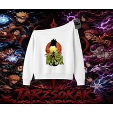 Tarzsokak Shikamaru Nara Naruto Anime Karakter Kadın Kayık Yaka Sweatshirt Beyaz