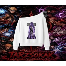 Tarzsokak Sasuke Uchiha Naruto Anime Karakter Kadın Kayık Yaka Sweatshirt Beyaz