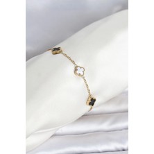 Semel 316L Çelik Gold Renk Siyah Beyaz Baby Yonca Model Kadın Bileklik