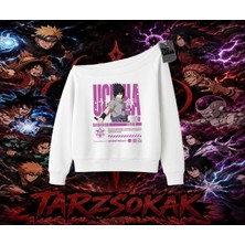Tarzsokak Sasuke Uchiha Naruto Anime Karakter Kadın Kayık Yaka Sweatshirt Beyaz