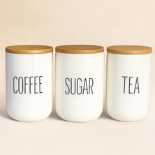 Welcomein 3’lü Seramik Bambu Kapaklı Beyaz Kavanoz Seti 1000 ml – Coffee/sugar/tea – Bambu Kapaklı
