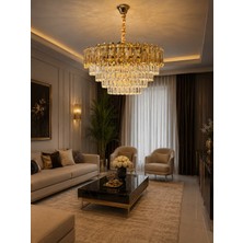 LED Yeni Model 60 cm Kristal Lüx Salon Avize Gold Renk
