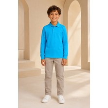 Loule Çocuk Unisex Turkuaz Uzun Kollu Polo Yaka Tişört %100 Pamuk Lakos Kumaş