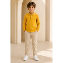 Loule Çocuk Unisex Hardal Uzun Kollu Polo Yaka Tişört %100 Pamuk Lakos Kumaş