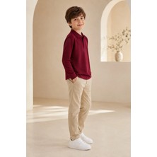 Loule Çocuk Unisex Bordo Uzun Kollu Polo Yaka Tişört %100 Pamuk Lakos Kumaş