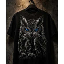 Carismatisort Baykuş Baskılı Siyah Tişört Bay Bayan Kadın Erkek Unisex Tshirt