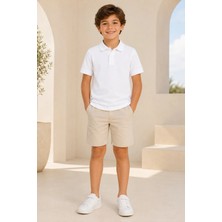 Loule Çocuk Unisex Beyaz Kısa Kollu Polo Yaka Tişört %100 Pamuk Lakos Kumaş