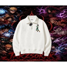 Tarzsokak Rock Lee Naruto Anime Karakter Unisex Polo Yaka Yarım Fermuarlı Sweatshirt Beyaz