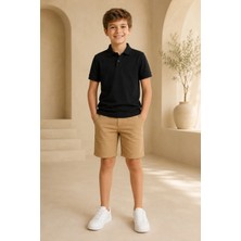 Loule Çocuk Unisex Siyah Kısa Kollu Polo Yaka Tişört %100 Pamuk Lakos Kumaş