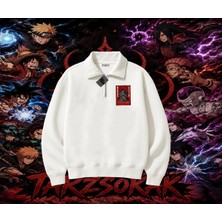 Tarzsokak Madara Uchiha Naruto Anime Karakteri Unisex Polo Yaka Yarım Fermuarlı Sweatshirt Beyaz