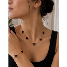 Atalya Accessory Siyah Yonca Model Kadın Çelik Kolye ve Bileklik Seti - 2'li Set Kararmaz - Kutulu