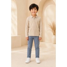 Loule Çocuk Unisex Bej Uzun Kollu Polo Yaka Tişört %100 Pamuk Lakos Kumaş