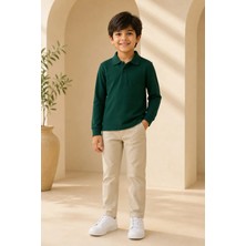 Loule Çocuk Unisex Koyu Yeşil Uzun Kollu Polo Yaka Tişört %100 Pamuk Lakos Kumaş