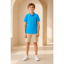 Loule Çocuk Unisex Mavi Kısa Kollu Polo Yaka Tişört %100 Pamuk Lakos Kumaş