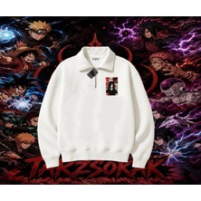 Tarzsokak Madara Uchiha Naruto Anime Karakteri Unisex Polo Yaka Yarım Fermuarlı Sweatshirt Beyaz