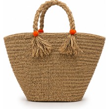 Naturel Dekor Doğal Bohem Turuncu Ponpon Detaylı Oval Hasır Çanta 37X38 Cm, Bambu, Rattan, Jüt, Sepet, Iskandinav, Modern