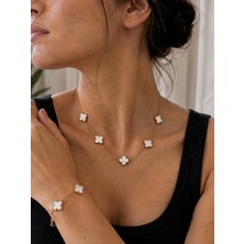 Atalya Accessory Beyaz Yonca Model Kadın Çelik Kolye ve Bileklik Seti - 2'li Set Kararmaz - Kutulu