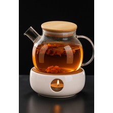 Ck House Isıya Dayanıklı Borosilikat Süzgeçli Cam Demlik (900ML) Vakumlu Bambu Kapak, Demlik