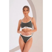 Lux Store Kadın Gri Antrasit Kaşkorse Beyaz Lastikli Cut-Out Tanga Külotlu Takım – Modern, Konforlu