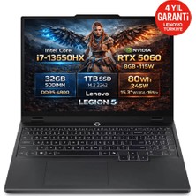 Lenovo Legion 5 15IRX10 Intel Core I7-13650HX Rtx 5060 (8gb) 64GB Ddr5 Ram 1tb SSD 15.3" Wuxga (1920X1200) IPS 165Hz 115W Windows 11 Pro Taşınabilir Bilgisayar 83LY00PYTR