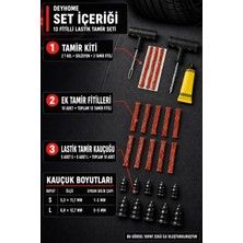Deyhome 3'lü Set 13 Fitilli Tubeless Oto Lastik Tamir Kiti – T Kollu Aparat, Solüsyon ve Lastik Tamir Kauçuğu