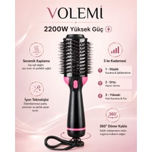 Abrax Tech Volemi 2200W Profesyonel Sıcak Hava Saç Fırçası – 3 Isı Kademeli, Iyonik, 360° Döner Kablolu Saç Şekillendirici