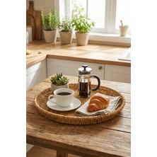 Hepta Collection 35 cm Plastik Rattan Tepsi, Hasır Görünümlü Dekoratif Servis Tepsisi, Mutfak Kahvaltı Sunum Masaüstü