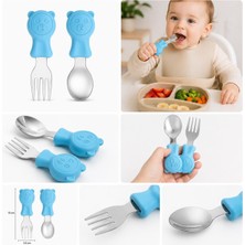 Hepta Collection 304 Çelik Panda Bebek Kaşık Çatal Setisilikon Saplı Bpa Içermez Ergonomik Kaymaz Mavi