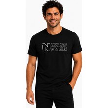 Etifa Tekstil Etifa Now Or Never Premium Unisex Tişört %100 Pamuk Modern Siyah Tişört