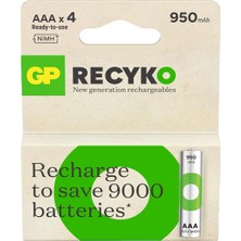 Gp Batteries Recyko 950 Aaa Ince Kalem Ni-Mh Şarjlı Pil, 1.2 Volt, 4'lü Kart