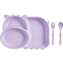 Hepta Collection Flybee Sevimli Inek Lolo 3 Bölmeli Eğlenceli Beslenme Tabağı, Mama Tabağı, Çatal Kaşık Seti (Lila)