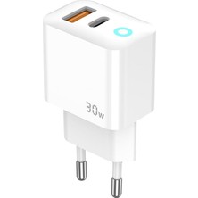 Remorax Blue Moon Pd 30WATT Hızlı Şarj Aleti, A + C Girişli, Beyaz, USB A ve Type C Çıkışlı