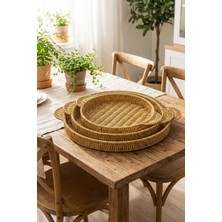 Hepta Collection Iç Içe Geçebilen 3'lü Yuvarlak Hasır Görünümlü Plastik Rattan Servis Tepsi Seti, Çok Amaçlı Sunum Te
