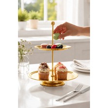 Kai Home 2 Katlı Gold Çelik Kurabiye, Pasta, Çerezlik Dekoratif Sunum Standı