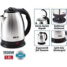 KRT Ibico MTF-001 Kettle Elektrikli Su Isıtıcısı 1.8lt 1500W 360° Çelik Paslanmaz Çelik Gizli Rezistans