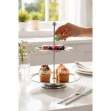 Kai Home 2 Katlı Gümüş Çelik Kurabiye, Pasta, Çerezlik Dekoratif Sunum Standı