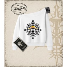 Tarzsokak One Piece Anime Karakterleri  Kadın Kayık Yaka Sweatshirt Beyaz