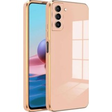 MCasering Samsung Galaxy S23 Fe  Uyumlu Telefon Kılıfı Parlak Kenarları Gold Detaylı Silikon Kılıf Açık Mavi Pembe