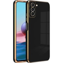 MCasering Samsung Galaxy S23 Fe  Uyumlu Telefon Kılıfı Parlak Kenarları Gold Detaylı Silikon Kılıf Açık Mavi Siyah