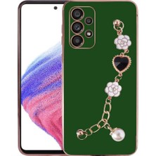 MCasering Samsung Galaxy A32 Uyumlu Canlı Renkli Altın Kenar Çizgili Bileklikli Taşlı Kılıf Haki