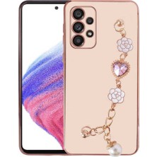 MCasering Samsung Galaxy A23 Uyumlu Canlı Renkli Altın Kenar Çizgili Bileklikli Taşlı Kılıf Pembe