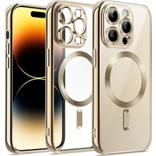 MCasering Apple Iphone 14 Pro Max Kılıf Kamera Lens Korumalı Magsafe Şarj Kilifi Şeffaf Renkli Yumuşak Kapak Gold