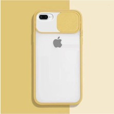 Iphone 8 Plus Kılıf Kamera Lens Sürgülü Korumalı, Kenar Renkli, Arkası Buzlu Şeffaf Kapak Sarı