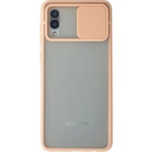 Cepmoda Samsung Galaxy A02 Pembe Renk Kamera Sürgülü Telefon Kılıfı - Buzlu Mat Kapak Pembe