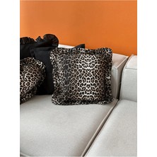 Kai Home Leopar Serisi Fırfır Detaylı Keten Kırlent Kılıfı 45X45 cm Dekoratif Koltuk ve Yatak Odası Yastık Kılıfı