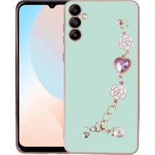 MCasering Samsung Galaxy A14 5g Uyumlu Canlı Renkli Altın Kenar Çizgili Bileklikli Taşlı Silikon Kılıf Turkuaz