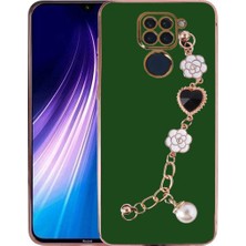 MCasering Xiaomi Redmi Note 9 4g Kılıf Kamera Korumalı Parlak Gold Kenarlı Kalpli Bileklikli Su Yesili